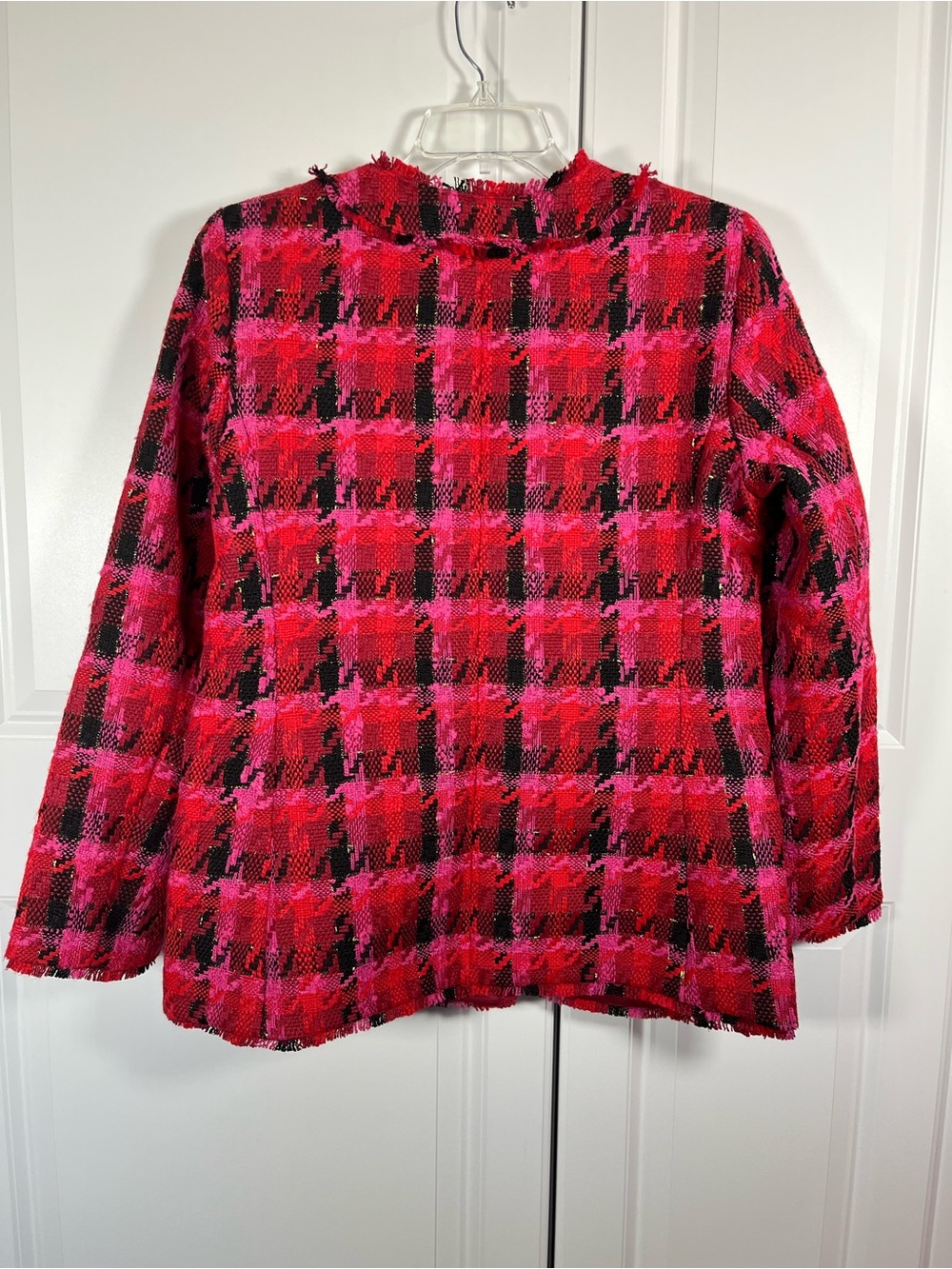 Ann Taylor Tweed Blazer Size 12 Pink Red Black Plaid With A Frayed Trim - Picture 4 of 8